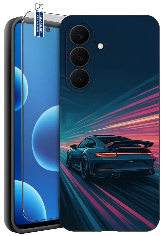 Etui z autem do Samsung Galaxy S26 FE z nadrukiem samochodu sportowego w stylu racing i szkłem hartowanym 9H