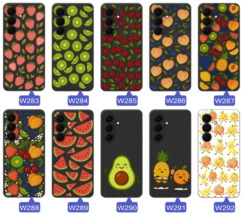 Różne etui z owocami do Samsung Galaxy S26 FE: motywy cytrusów, wiśni, kiwi, arbuzów awokado oraz letnich kompozycji owocowych.