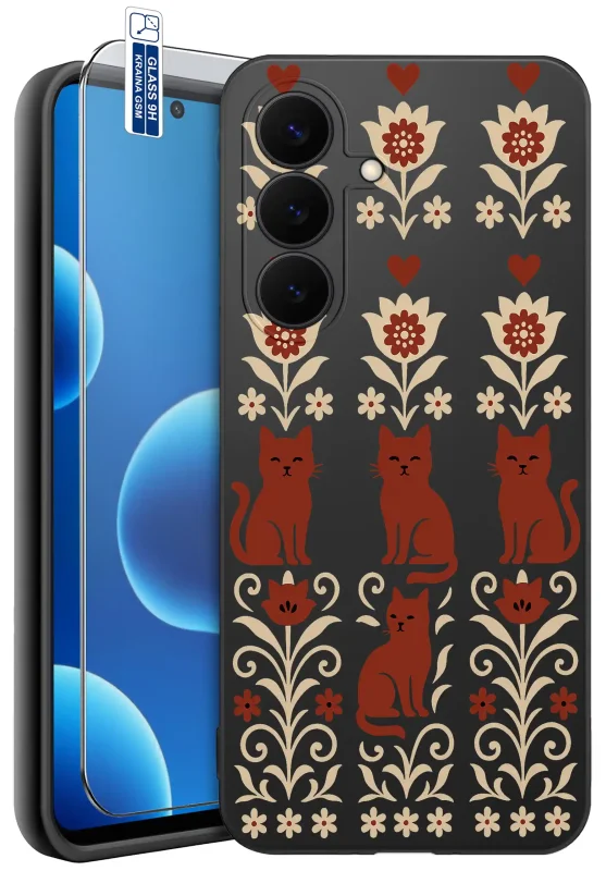 Etui ludowe do Samsung Galaxy S26 FE z nadrukiem kotów, kwiatów i serc oraz szkłem hartowanym 9H