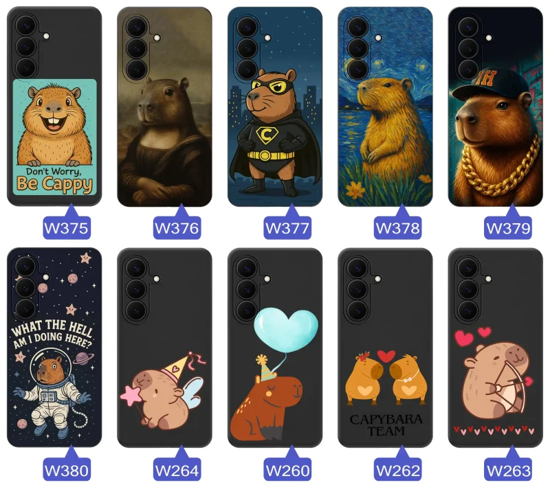 Różne etui z kapibarą do Samsung Galaxy S26 FE: barwne ilustracje, zabawne hasła i różnorodne motywy