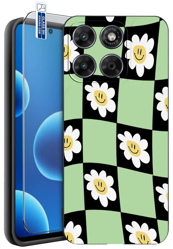 Etui z różnymi wzorami do Motorola Moto G67 5G / G77 5G z zielono-czarną szachownicą i uśmiechniętymi kwiatami oraz szkłem hartowanym 9H