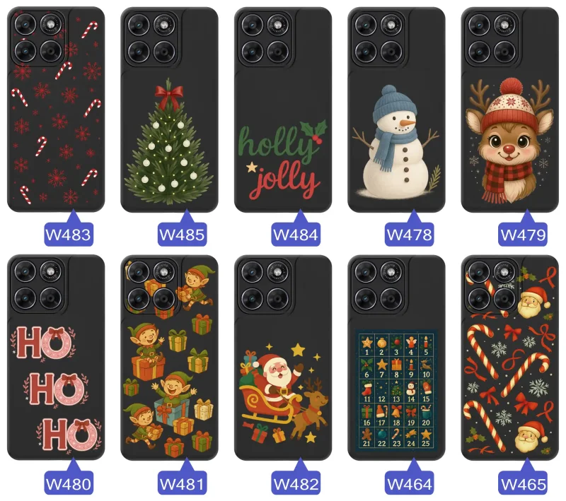 Kolekcja wzorów świątecznych i zimowych na Motorola Moto G67 5G / G77 5G: renifery, bałwany, choinki, Mikołaje, świąteczne napisy