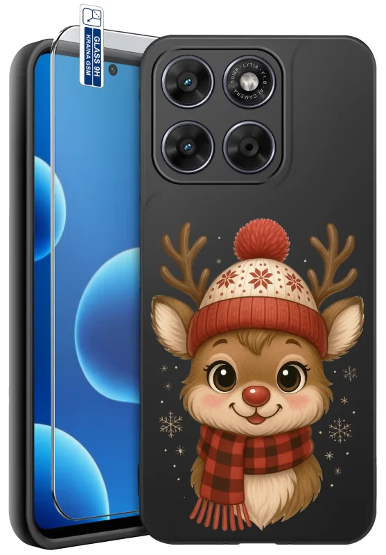 Etui świąteczne do Motorola Moto G67 5G / G77 5G z nadrukiem renifera w czapce i szaliku oraz szkłem hartowanym 9H