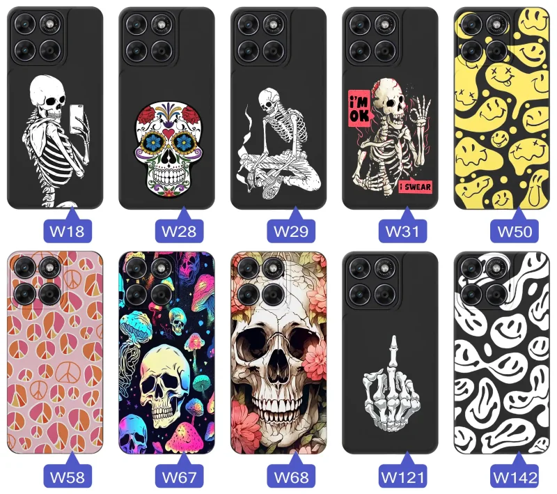Kolekcja różnych wzorów etui Halloween do Motorola Moto G67 5G / G77 5G z motywami czaszek, szkieletów, uśmiechów i grafik w stylu dark