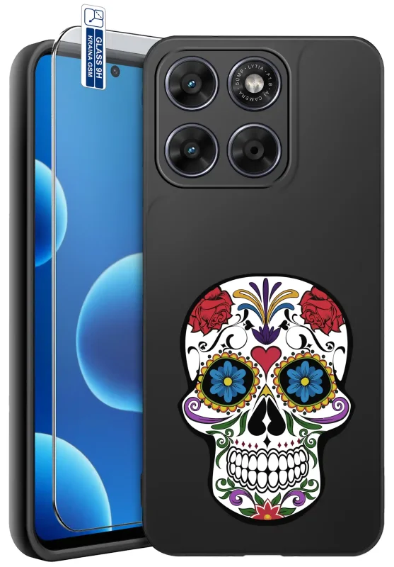Etui Halloween do Motorola Moto G67 5G / G77 5G z kolorową czaszką w kwiatowe wzory oraz szkłem hartowanym 9H