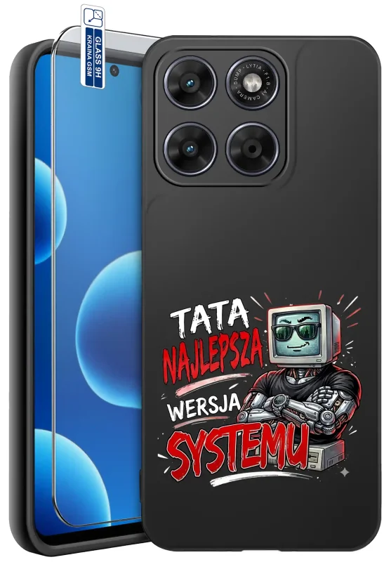 Etui dla Taty do Motorola Moto G67 5G / G77 5G z napisem „Tata najlepsza wersja systemu” i szkłem hartowanym 9H