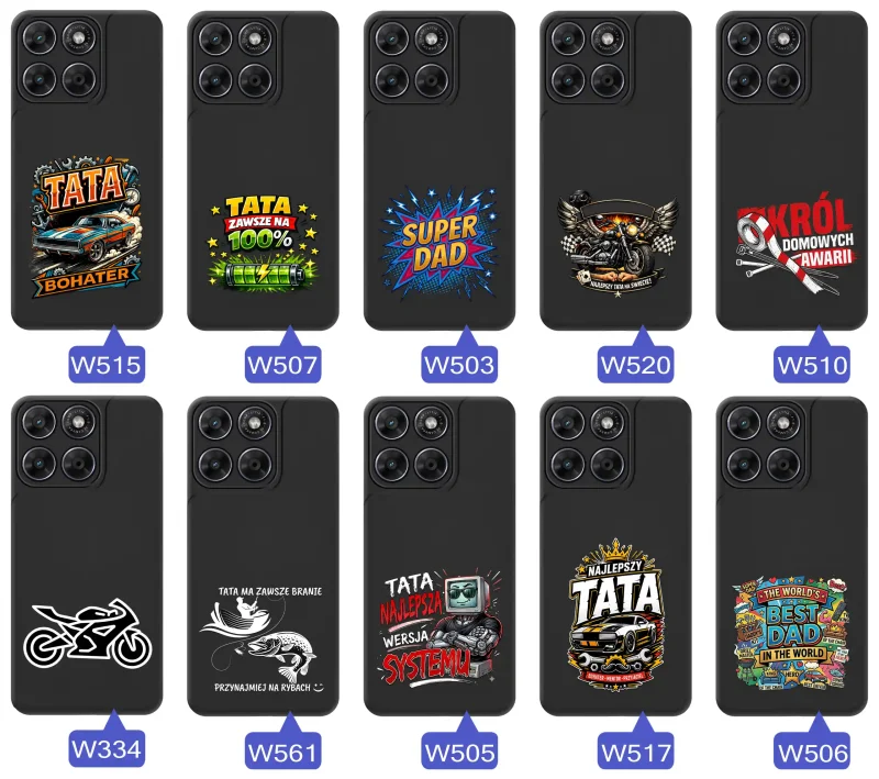 Kolekcja etui dla Taty do Motorola Moto G67 5G / G77 5G z motywami samochodów, motocykli, narzędzi i wędkarstwa oraz napisami Super Tata, Best Dad i Król Domowych Awarii