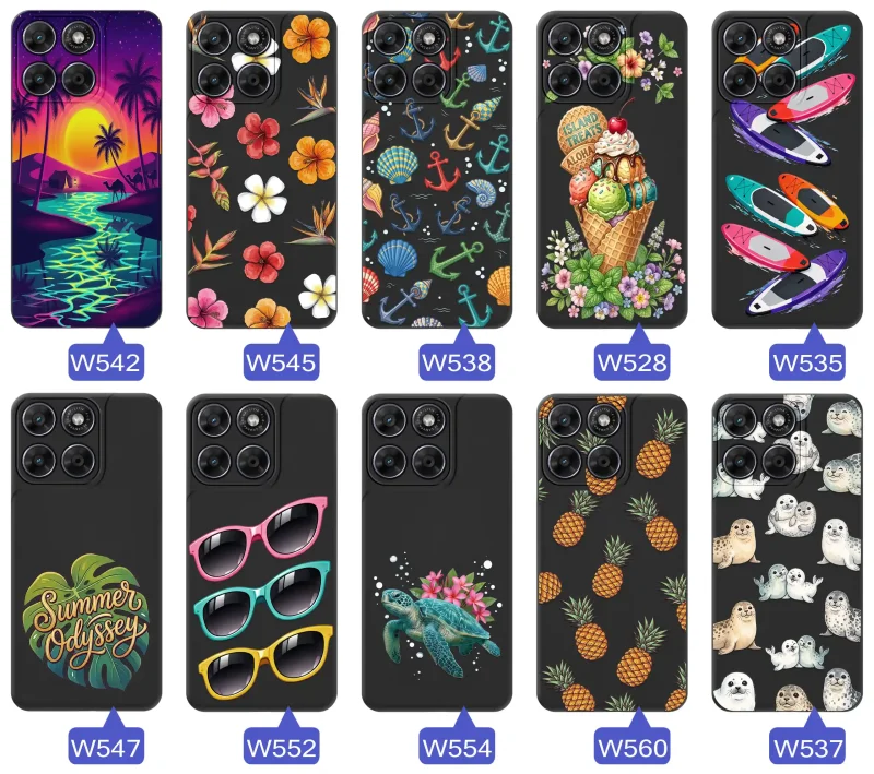 Kolekcja etui wakacyjnych do Motorola Moto G67 5G / G77 5G z palmami, kwiatami, kotwicami, lodami, deskami SUP, fokami i ananasami