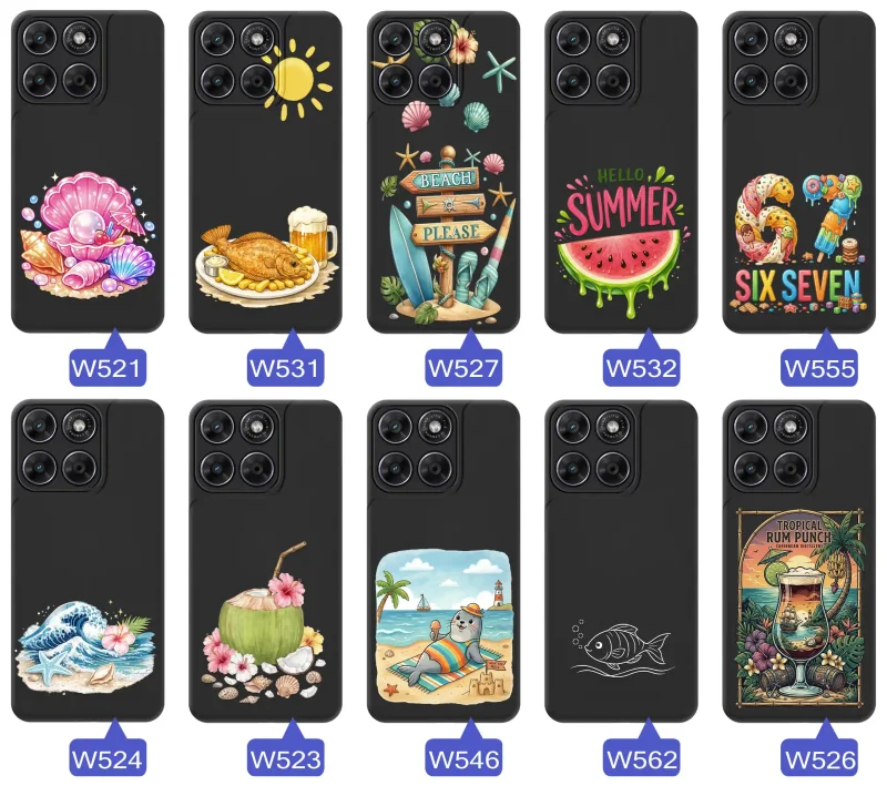 Kolekcja etui do Motorola Moto G67 5G / G77 5G z letnimi wzorami muszli, ryb, plaży, arbuza, fal, kokosa i tropikalnego napoju