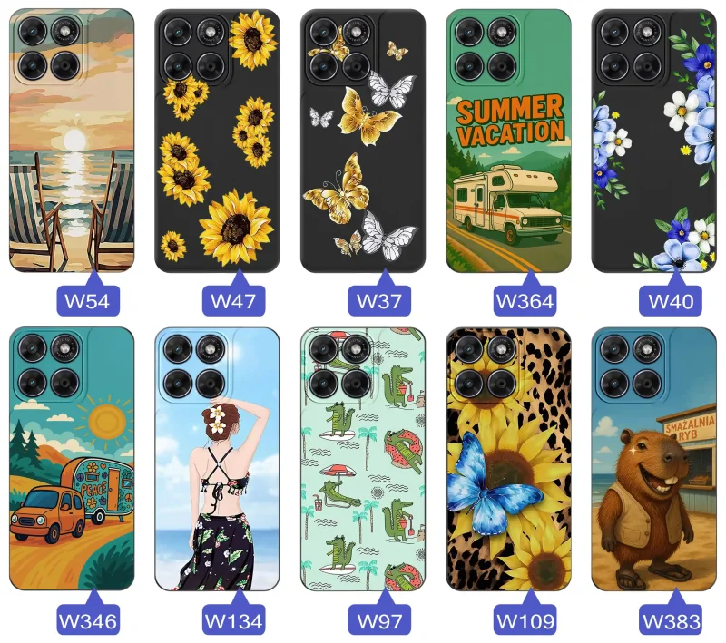 Zestaw etui do Motorola Moto G67 5G / G77 5G z letnimi wzorami słoneczników, motyli, kampera, plaży, krokodyli i kapibary