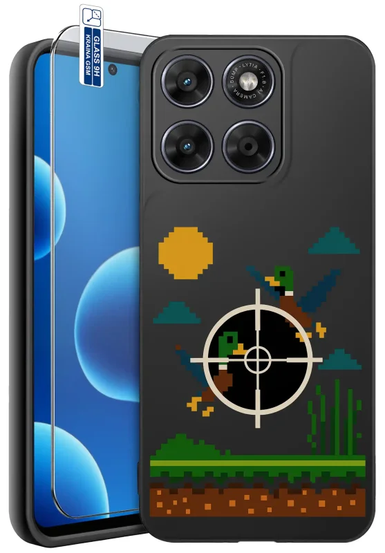 Etui dla gracza do Motorola Moto G67 5G / G77 5G z pikselowym motywem polowania na kaczki i szkłem hartowanym 9H