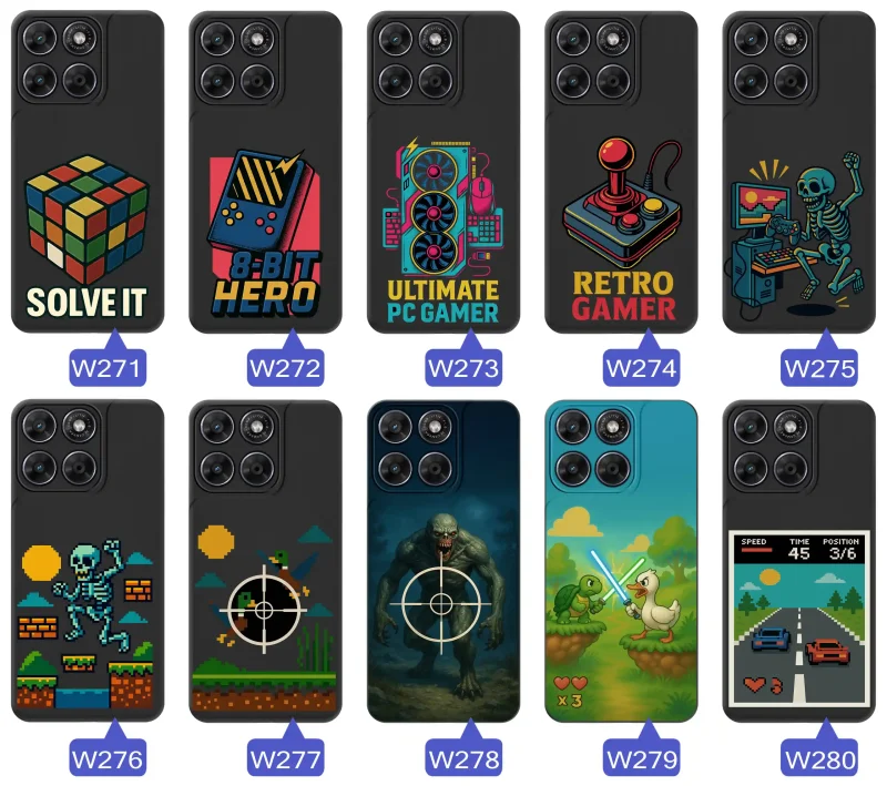 Etui Motorola Moto G67 5G / G77 5G z nadrukiem retro arcade: joystick, hasło „Retro Gamer” oraz klasyczne elementy konsol w stylu vintage