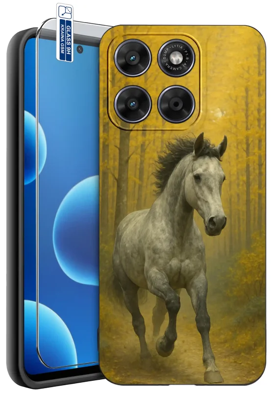 Etui z koniem do Motorola Moto G67 5G / G77 5G z nadrukiem galopującego siwego konia na tle lasu i szkłem hartowanym 9H