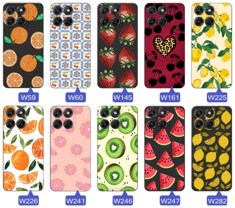 Kolekcja etui z owocami na etui do Motorola Moto G67 5G / G77 5G: truskawki, pomarańcze, cytryny, kiwi
