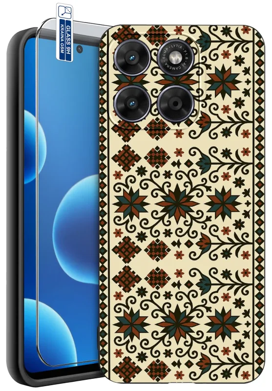 Etui ze wzorem ludowym do Motorola Moto G67 5G / G77 5G z folkowym motywem kwiatów i geometrycznych ornamentów oraz szkłem hartowanym 9H