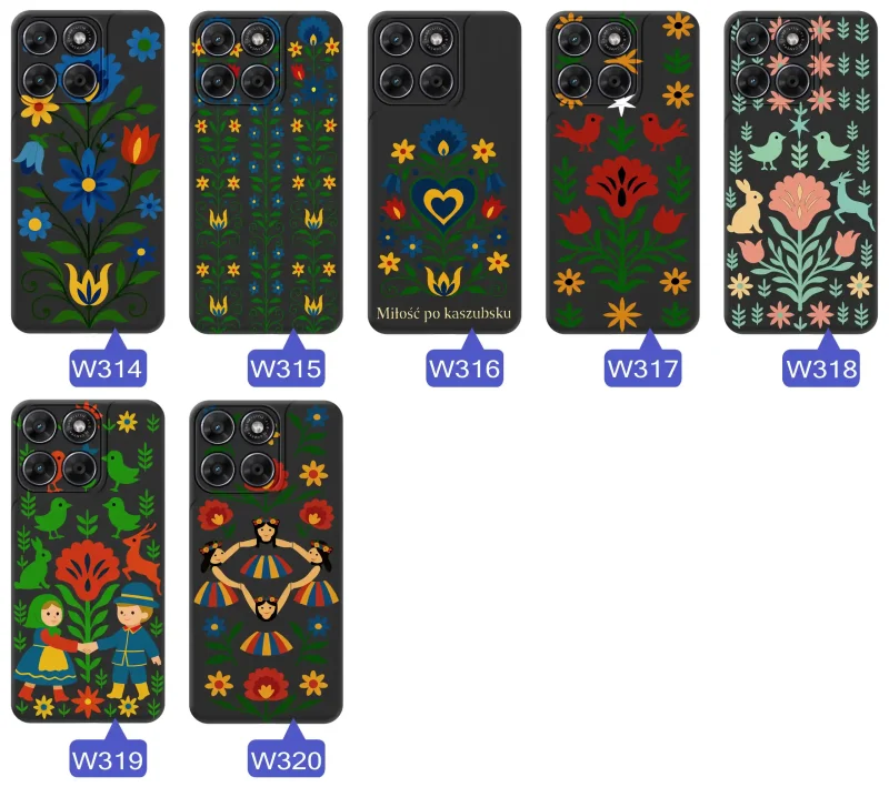 Etui ludowe do Motorola Moto G67 5G / G77 5G: kaszubskie i łowickie inspiracje, kwiaty, serca i tradycyjne kompozycje