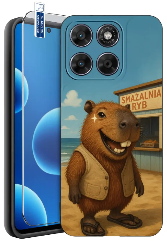 Etui z kapibarą do Motorola Moto G67 5G / G77 5G z nadrukiem kapibary na plaży przy smażalni ryb oraz szkłem hartowanym 9H