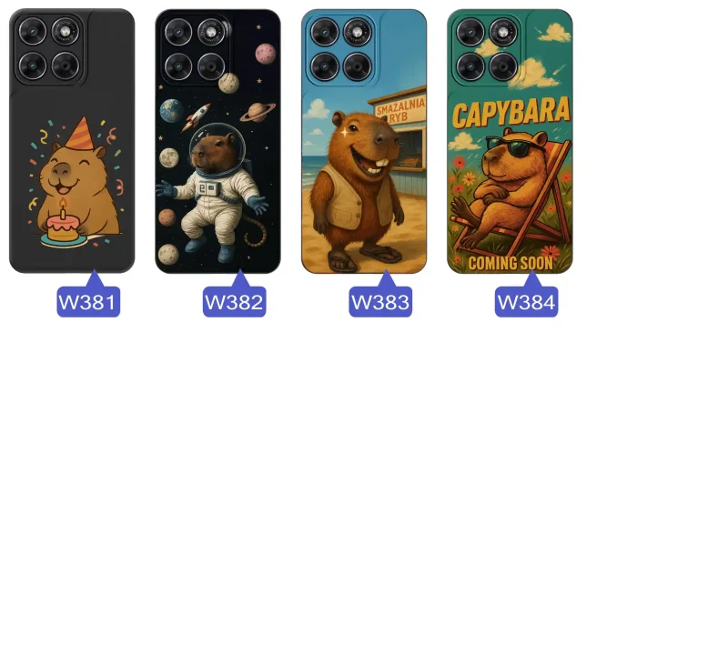 Różne wzory z kapibarą do Motorola Moto G67 5G / G77 5G: barwne ilustracje, zabawne hasła i różnorodne motywy