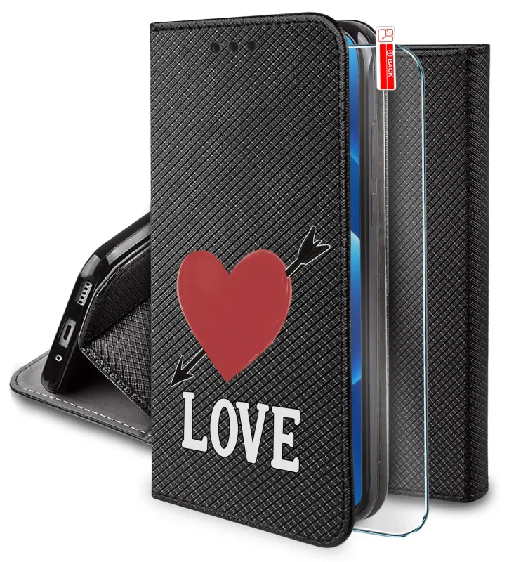 Etui z klapką do Motorola Moto G37 z walentynkowym wzorem serca ze strzałą i napisem „LOVE”, funkcją stojaka i szkłem hartowanym 9H w zestawie.