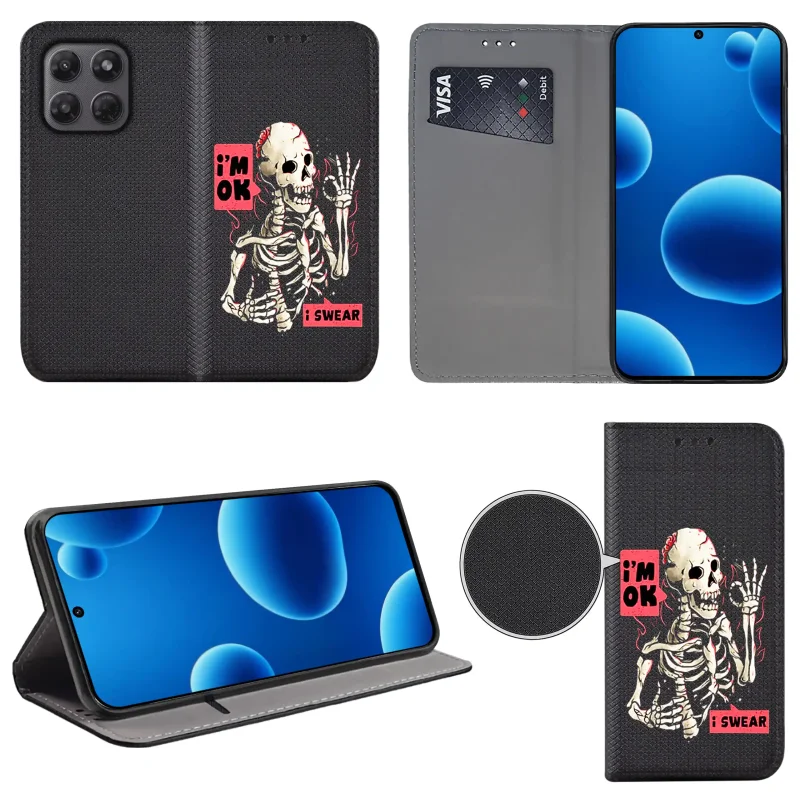 Etui książkowe do Motorola Moto G37 z nadrukiem szkieletu, widok przodu i tyłu, kieszonka na kartę oraz funkcja podstawki