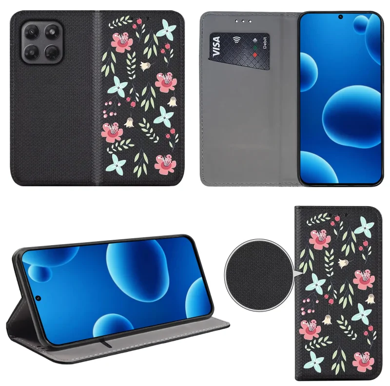 Etui książkowe do Motorola Moto G37 z damskim wzorem, widok przodu i tyłu, kieszonka na kartę oraz funkcja podstawki