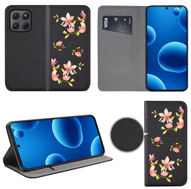 Etui książkowe do Motorola Moto G37 z kobiecym wzorem, widok przodu i tyłu, kieszonka na kartę oraz funkcja podstawki