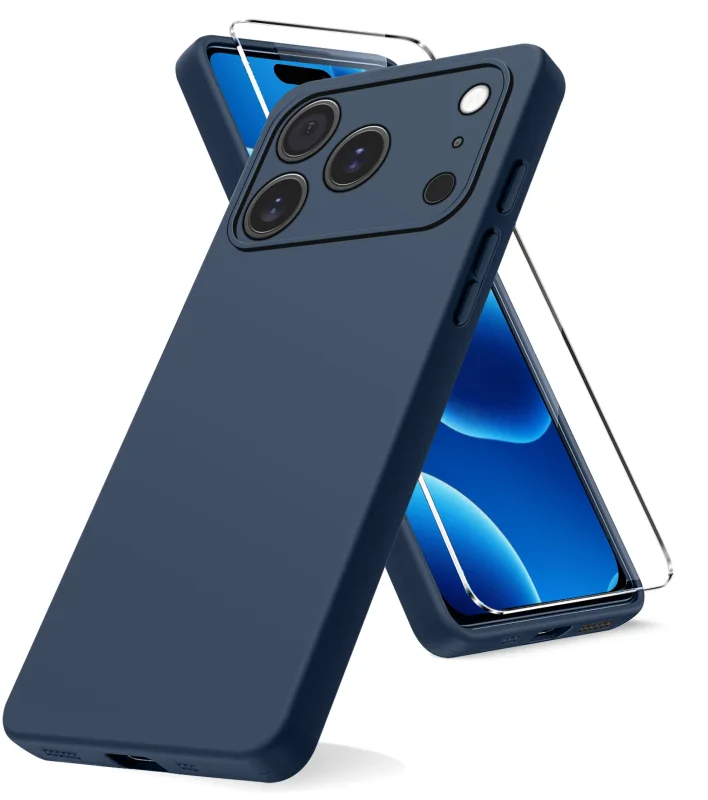 Granatowe silikonowe etui do iPhone 17 Pro / 18 Pro z matowym wykończeniem i szkłem ochronnym na ekran