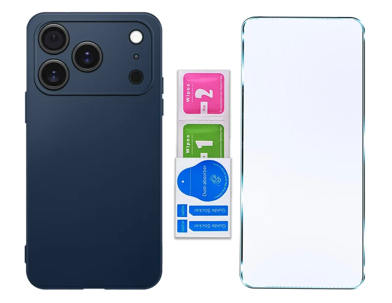 Granatowe etui do iPhone 17 Pro / 18 Pro ze szkłem hartowanym 9H i zestawem do montażu szkła