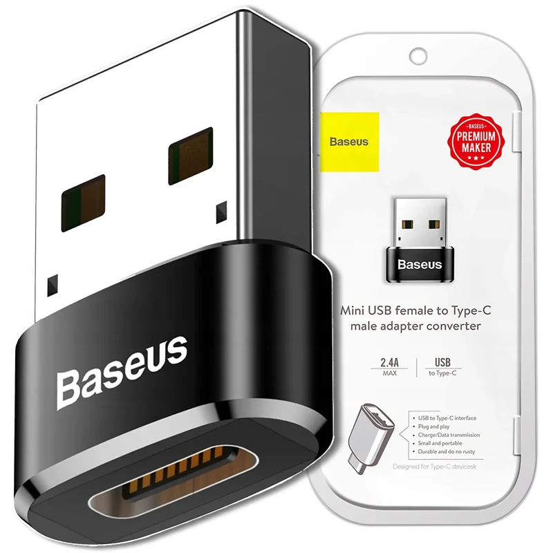 Adapter przejściówka Baseus USB-A do USB-C w czarnym kolorze z opakowaniem producenta
