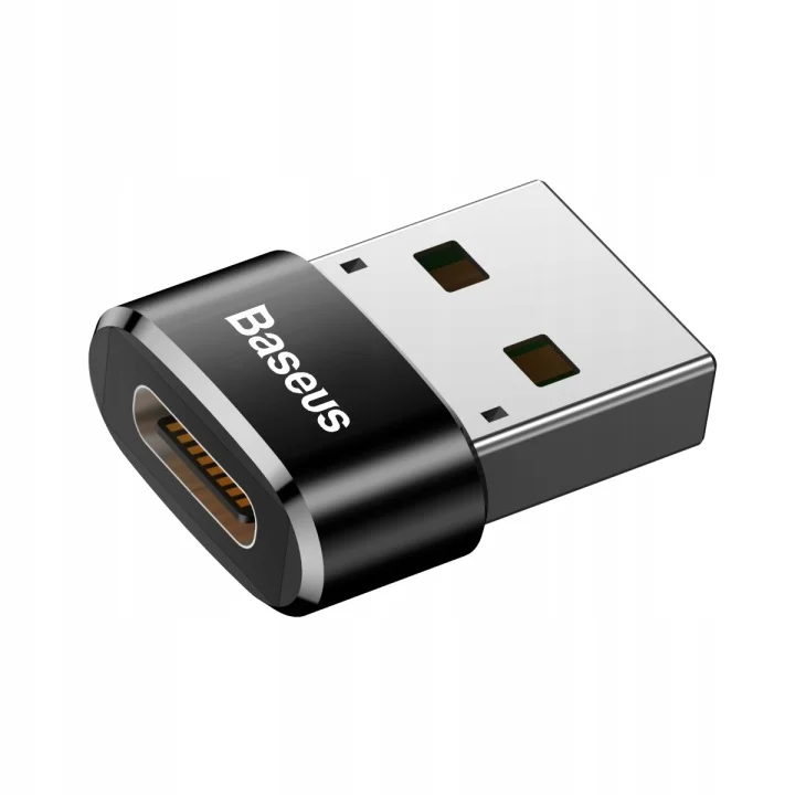 Czarny adapter Baseus USB-A do USB-C z widocznym wtykiem USB-A i gniazdem USB-C