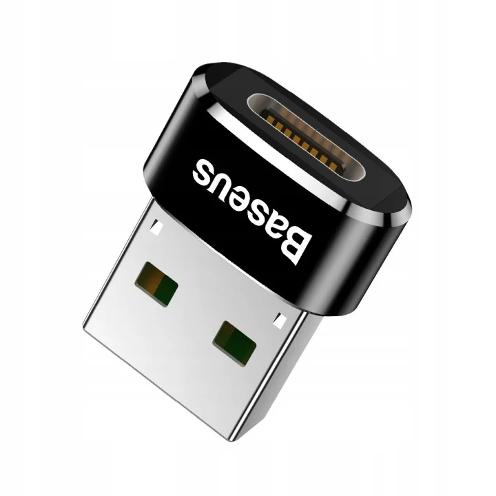 Czarna przejściówka Baseus USB-A do USB-C z widocznym gniazdem USB-C