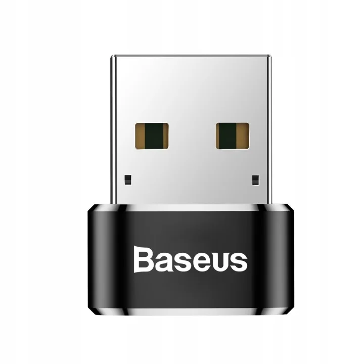 Adapter Baseus USB-A do USB-C widok z przodu z logo Baseus i wtykiem USB-A