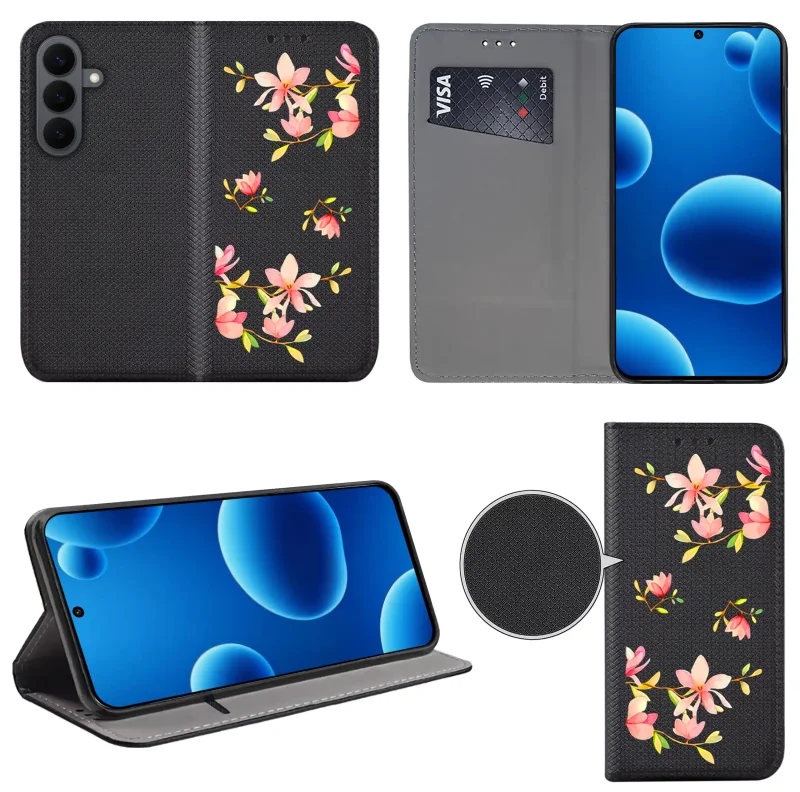 Etui książkowe do Samsung Galaxy S26 FE z kobiecym wzorem, widok przodu i tyłu, kieszonka na kartę oraz funkcja podstawki