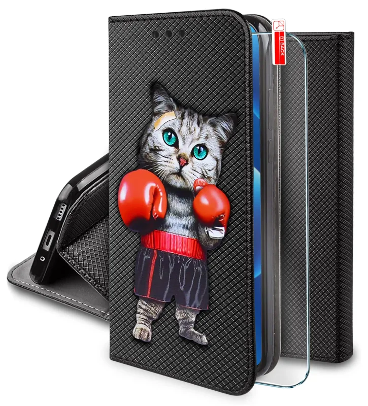 Etui z klapką do Samsung Galaxy S26 FE z nadrukiem kota w rękawicach bokserskich i szkłem w zestawie