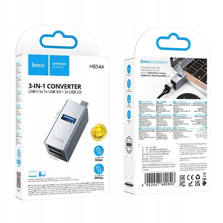 Opakowanie adaptera Hoco HB54A USB-C Hub 3w1 z informacją o USB 3.0 5 Gb/s i dwóch portach USB 2.0