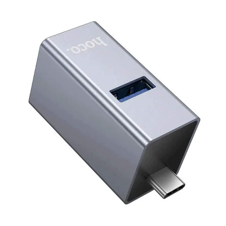 Srebrny adapter Hoco HB54A USB-C 3w1 z widocznym wtykiem USB-C i portem USB 3.0