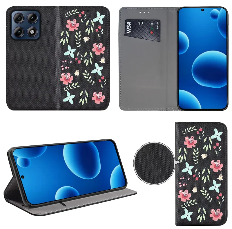 Etui książkowe do Motorola Edge 70 Pro 5G z damskim wzorem, widok przodu i tyłu, kieszonka na kartę oraz funkcja podstawki