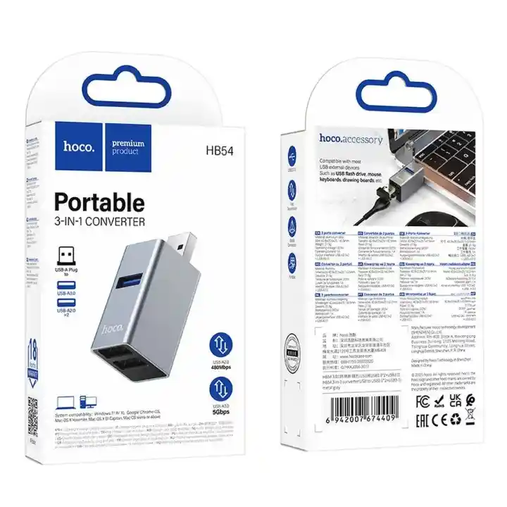 Opakowanie adaptera Hoco HB54 USB-A Hub 3w1 z oznaczeniami USB 2.0 i USB 3.0