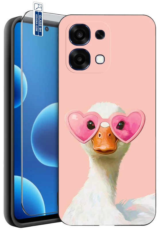 Etui walentynkowe z różnymi wzorami do Oppo A6 Pro 5G z nadrukiem gęsi w różowych okularach w kształcie serc oraz szkło hartowane 9H w zestawie