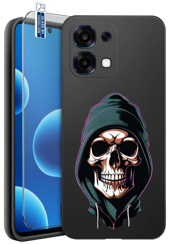 Etui Halloween z różnymi wzorami do Oppo A6 Pro 5G z nadrukiem czaszki w kapturze oraz szkło hartowane 9H w zestawie