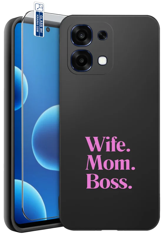 Etui dla Mamy z różnymi wzorami do Oppo A6 Pro 5G z różowym napisem Wife Mom Boss oraz szkło hartowane 9H w zestawie