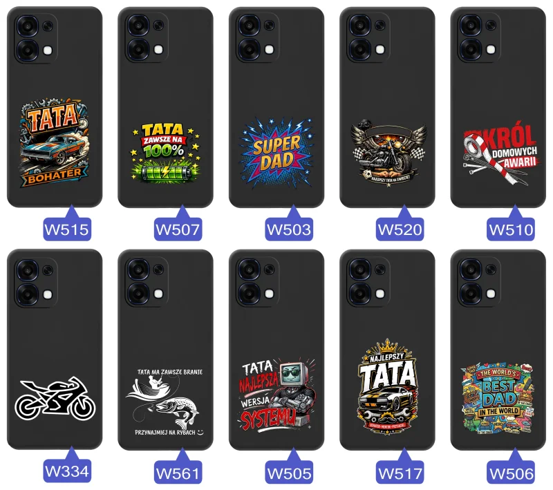 Kolekcja etui dla Taty do Oppo A6 Pro 5G z motywami samochodów, motocykli, narzędzi i wędkarstwa oraz napisami Super Tata, Best Dad i Król Domowych Awarii