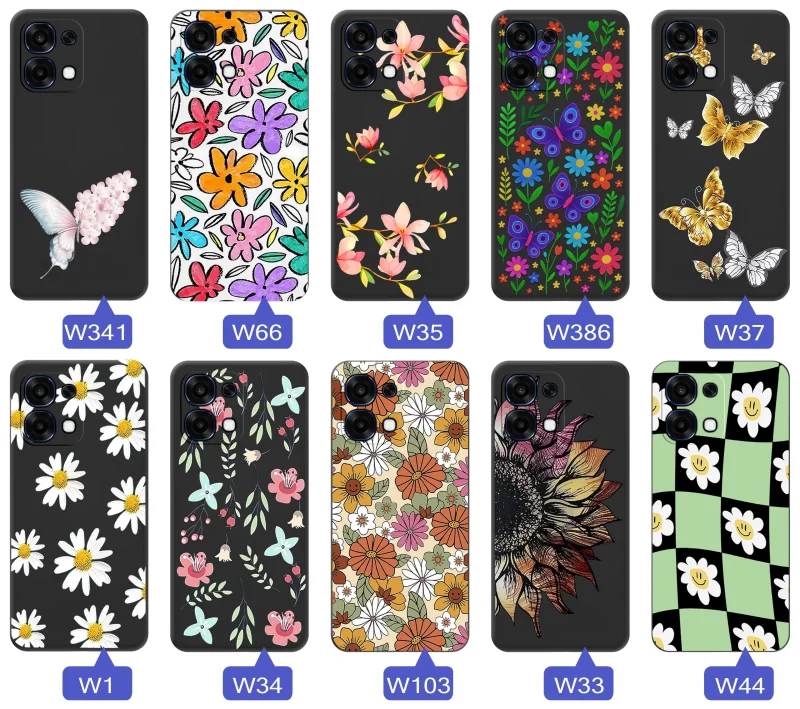 Kolekcja etui wiosennych do Oppo A6 Pro 5G z kwiatowymi grafikami, motylami, pszczółkami i kolorowymi wzorami natury
