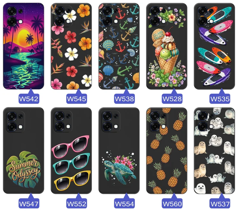 Kolekcja etui wakacyjnych do Oppo A6 Pro 5G z palmami, kwiatami, kotwicami, lodami, deskami SUP, fokami i ananasami
