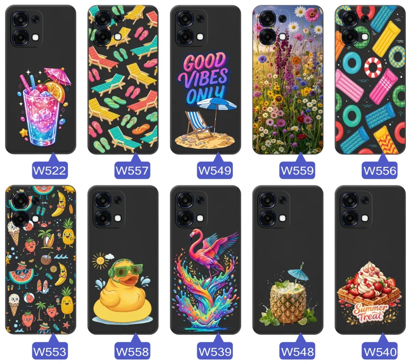 Różne letnie wzory etui do Oppo A6 Pro 5G z motywami leżaków, napojów, kwiatów, materacy, flamingów i owoców