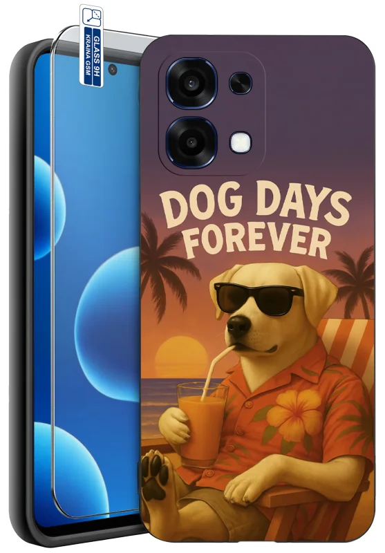Etui z psem z różnymi wzorami do Oppo A6 Pro 5G z nadrukiem psa w okularach na plaży oraz szkło hartowane 9H w zestawie