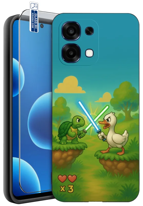 Etui dla gracza z różnymi wzorami do Oppo A6 Pro 5G z nadrukiem żółwia i kaczki walczących mieczami świetlnymi oraz szkło hartowane 9H w zestawie