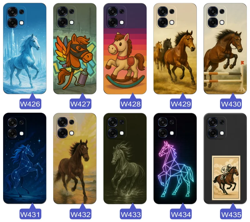 Etui Oppo A6 Pro 5G z różnorodnymi wzorami koni: od realistycznych portretów po bajkowe jednorożce i konie w galopie