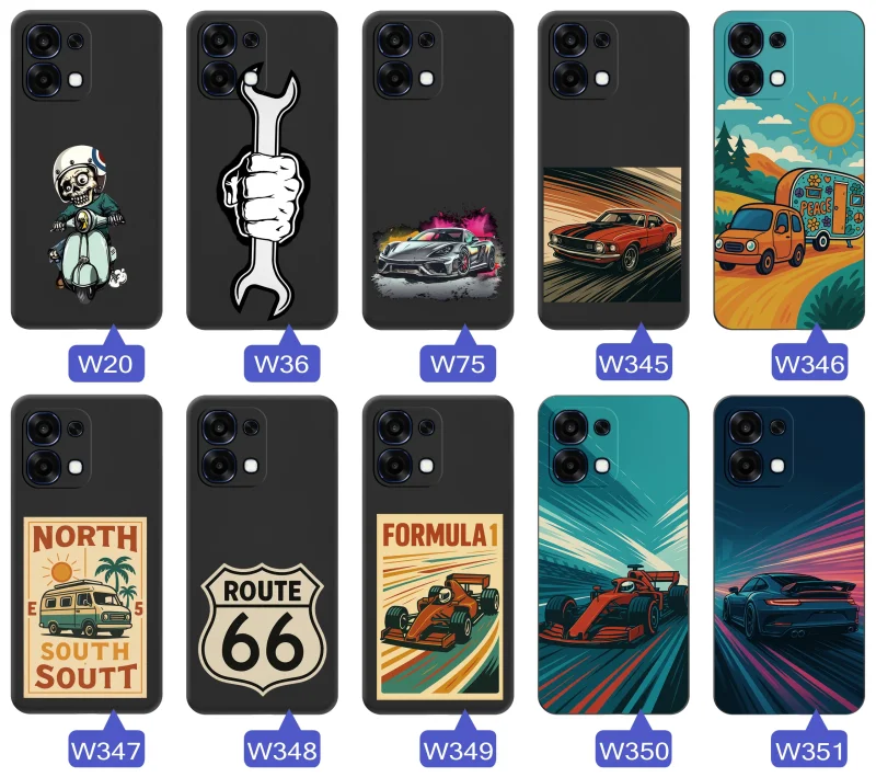 Kolekcja etui do Oppo A6 Pro 5G z motywami samochodów, motocykli, Formuły 1, Route 66 i klasycznych aut