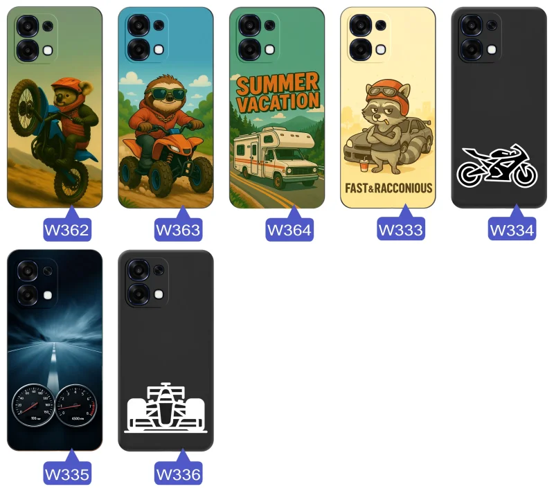 Różne etui do Oppo A6 Pro 5G z autami wyścigowymi, klasykami i motocyklami w dynamicznych kompozycjach